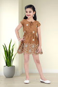 Girls Brown Frock with White Floral Embroidery