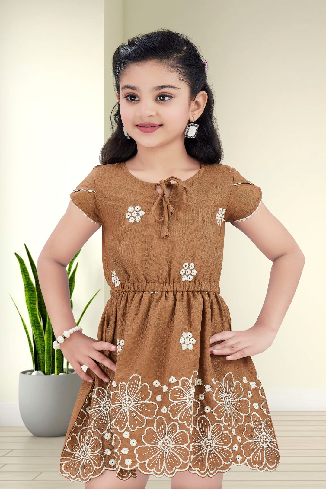 Girls Brown Frock with White Floral Embroidery