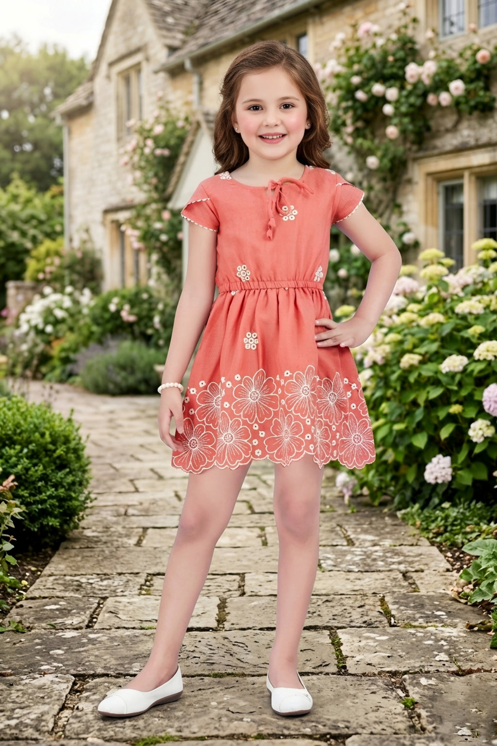 Girls Rust Frock with White Floral Embroidery