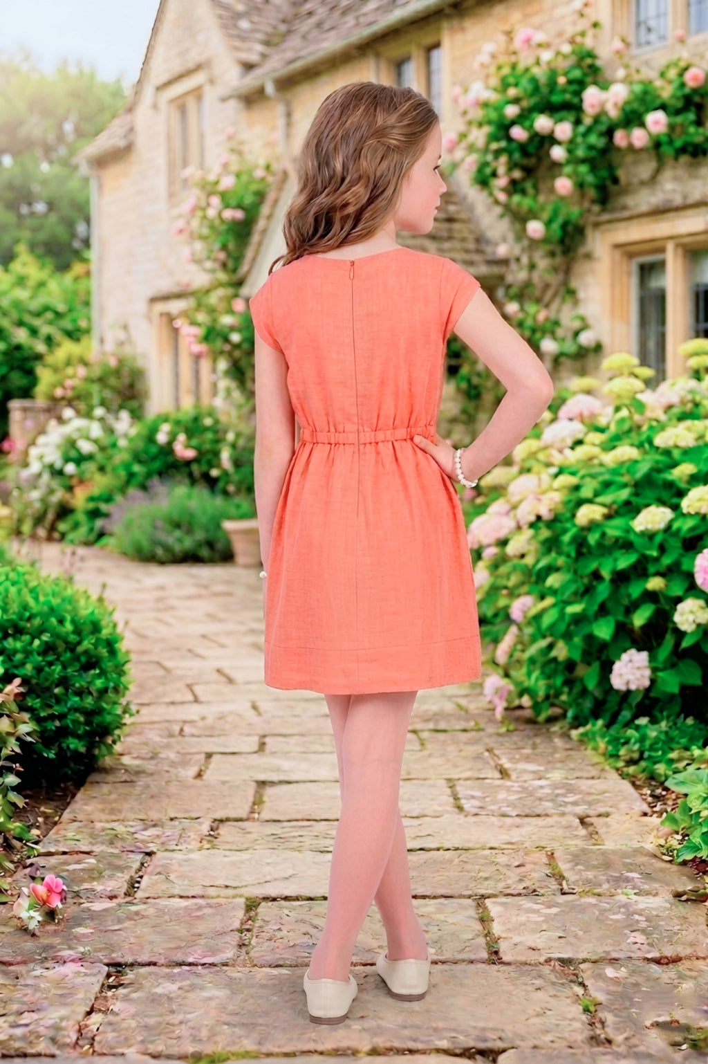 Girls Rust Frock with White Floral Embroidery