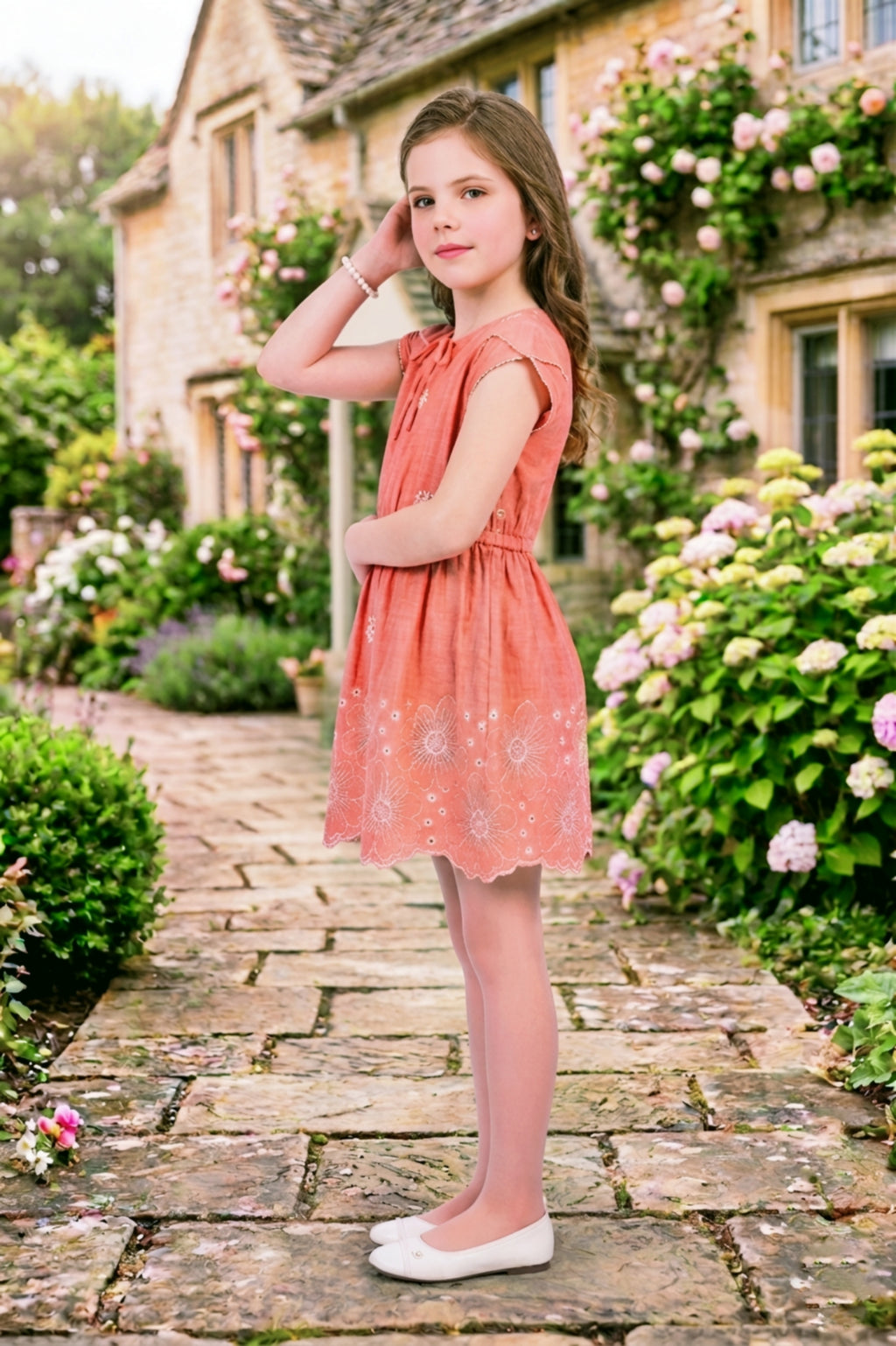 Girls Rust Frock with White Floral Embroidery