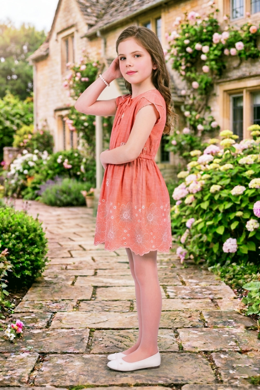 Girls Rust Frock with White Floral Embroidery