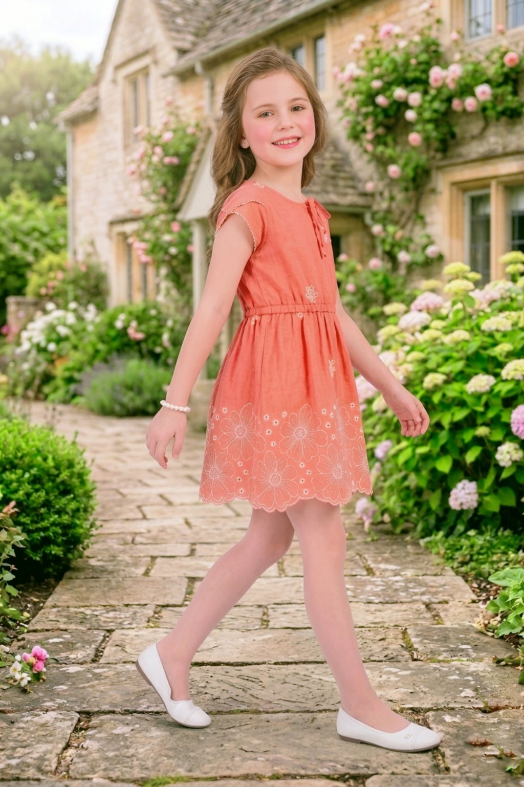 Girls Rust Frock with White Floral Embroidery