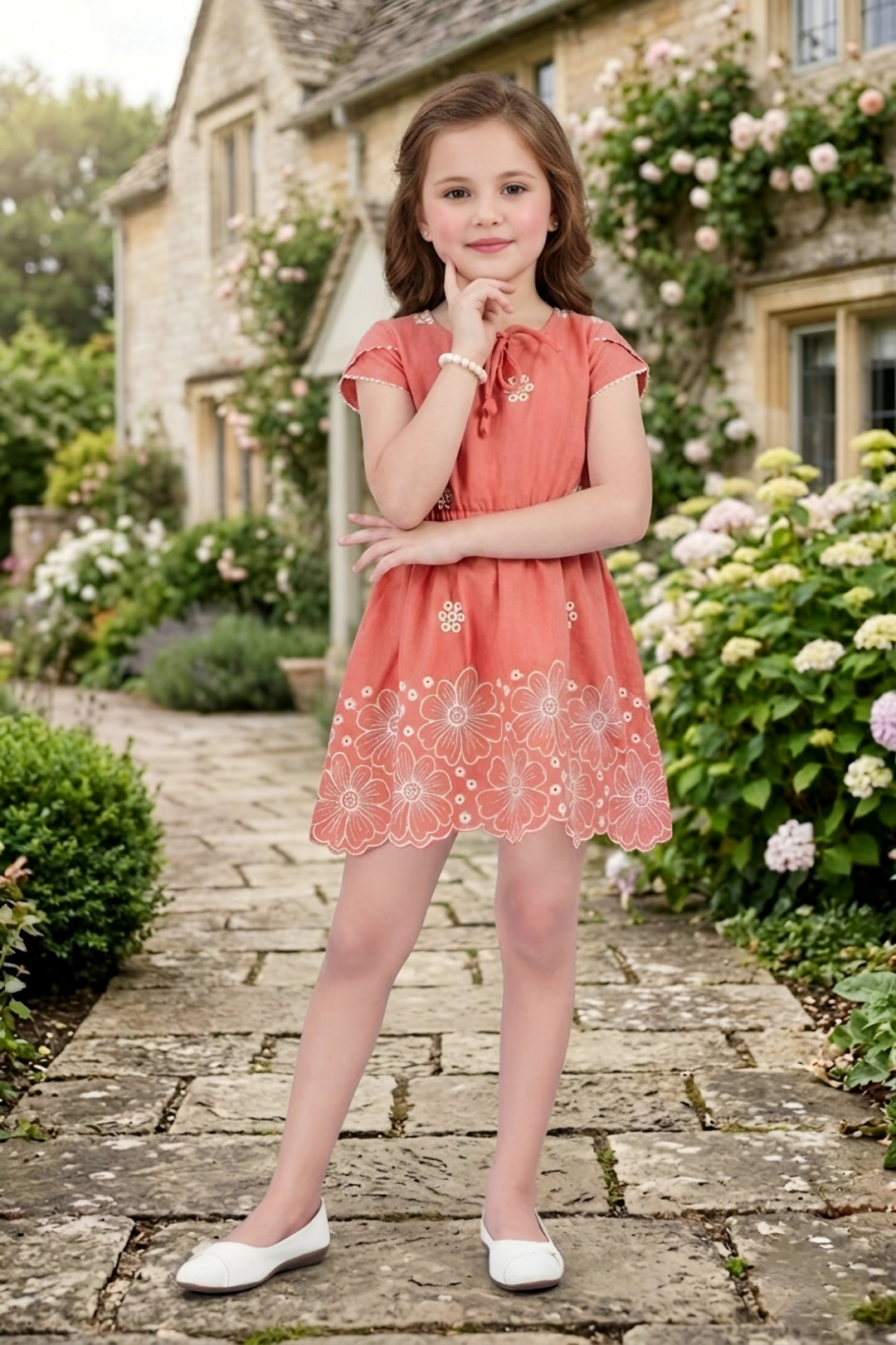 Girls Rust Frock with White Floral Embroidery