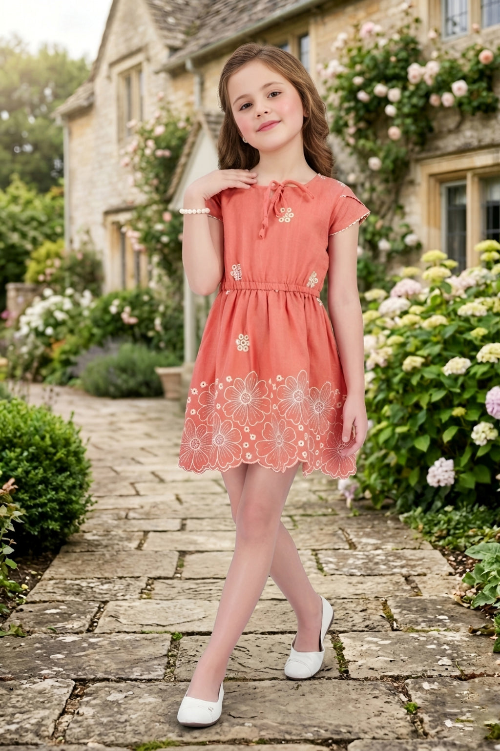 Girls Rust Frock with White Floral Embroidery