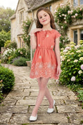 Girls Rust Frock with White Floral Embroidery