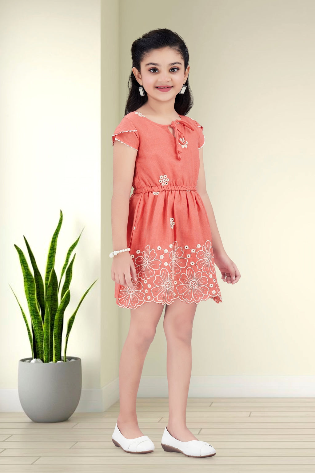 Girls Rust Frock with White Floral Embroidery