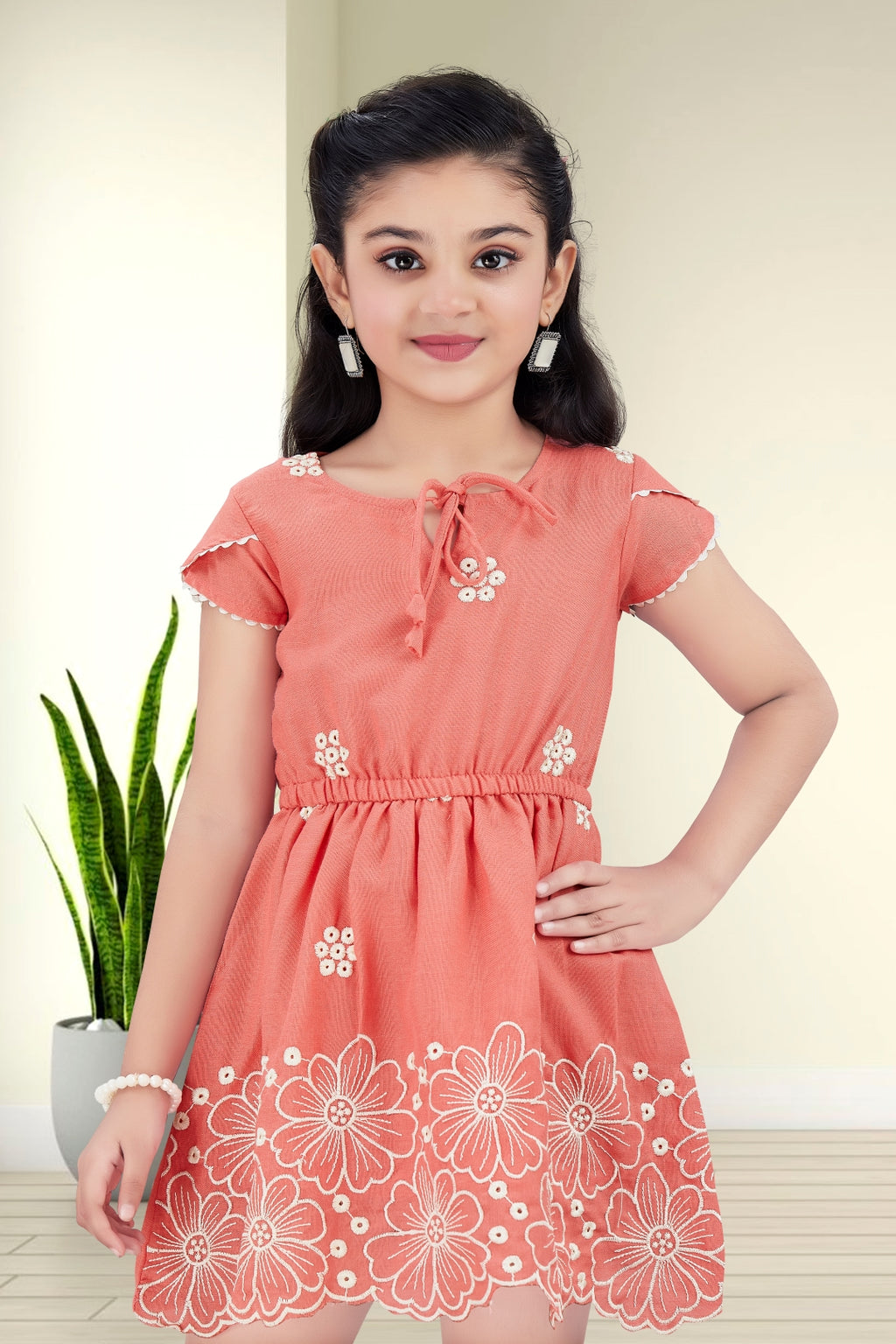 Girls Rust Frock with White Floral Embroidery