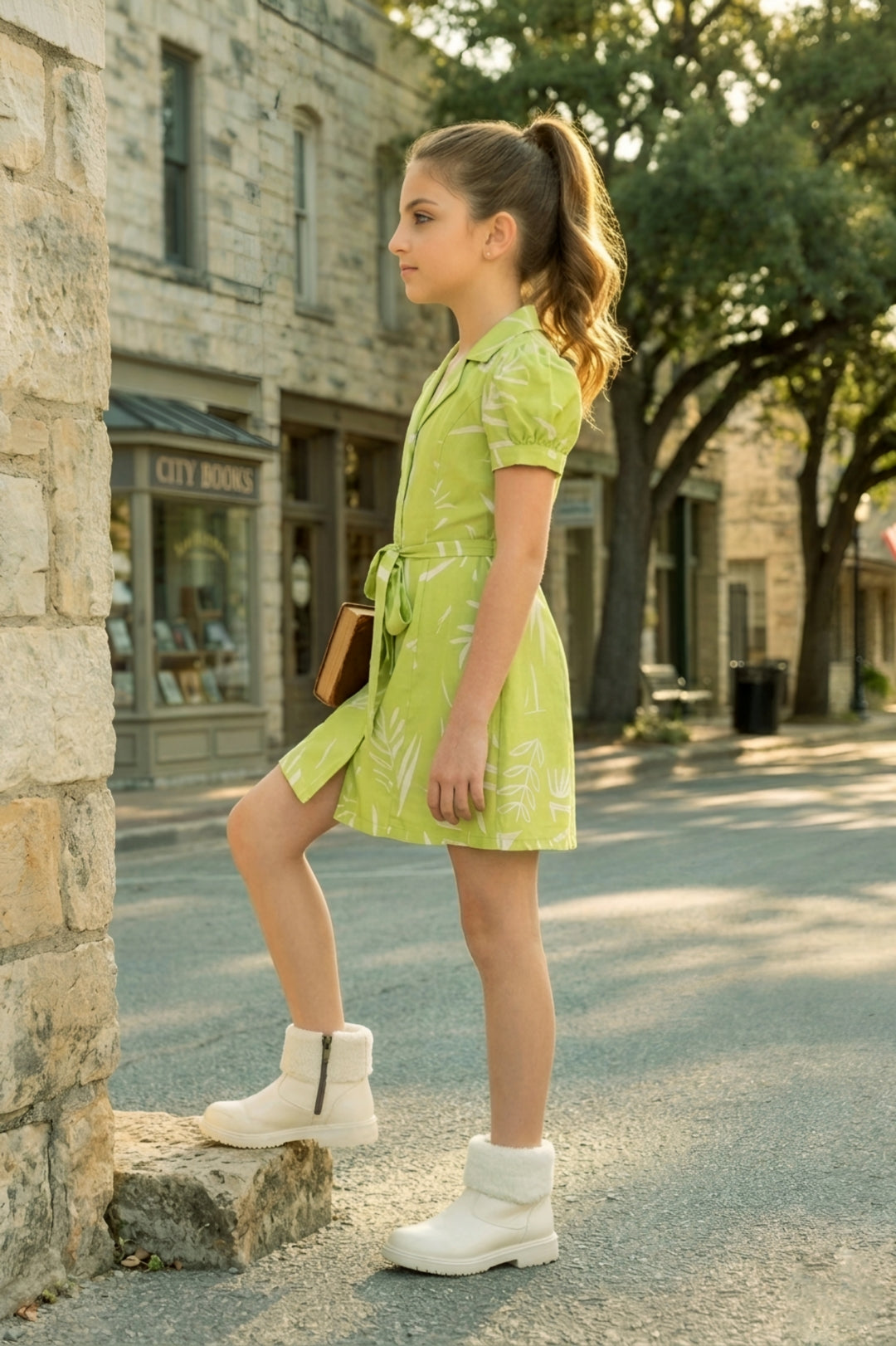 Girls Green Abstract Printed Dress with Short Puff Sleeves