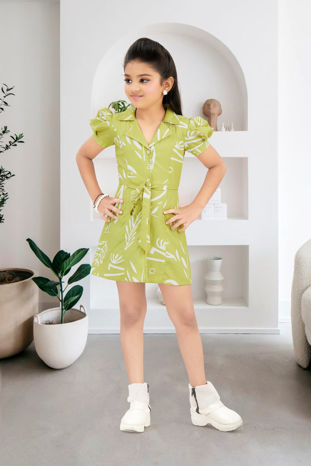 Girls Green Abstract Printed Dress with Short Puff Sleeves