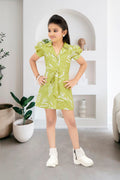 Girls Green Abstract Printed Dress with Short Puff Sleeves