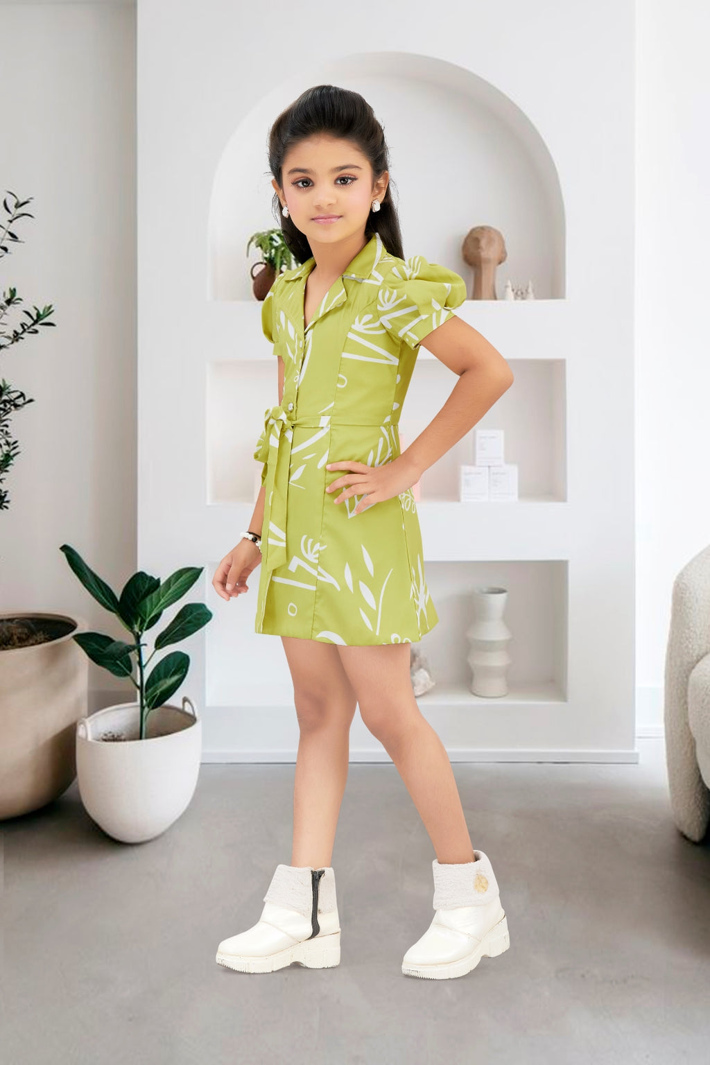 Girls Green Abstract Printed Dress with Short Puff Sleeves
