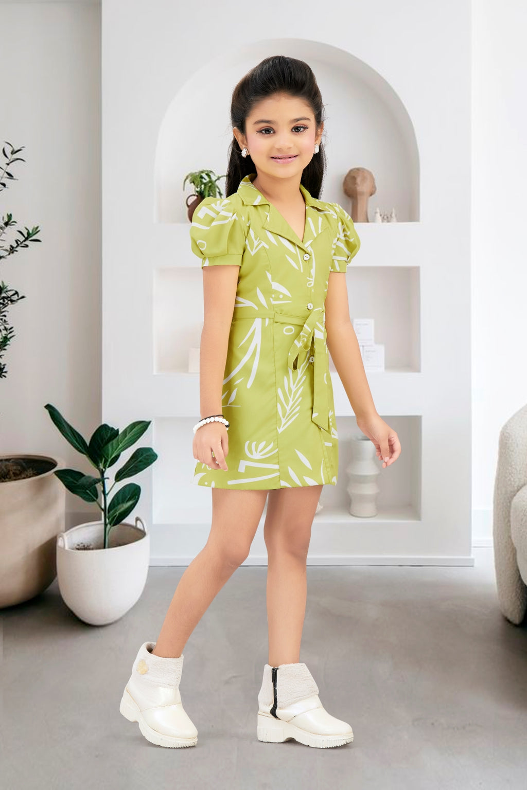 Girls Green Abstract Printed Dress with Short Puff Sleeves