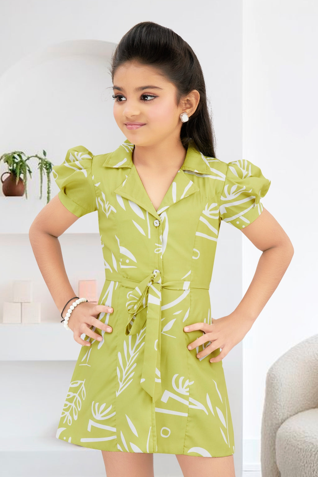 Girls Green Abstract Printed Dress with Short Puff Sleeves