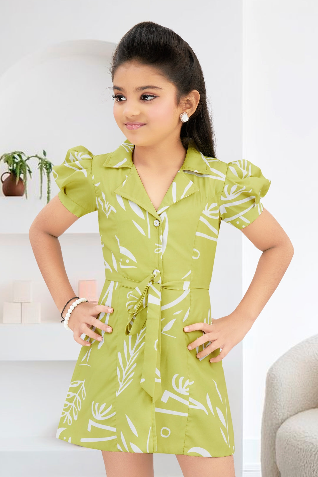 Girls Green Abstract Printed Dress with Short Puff Sleeves