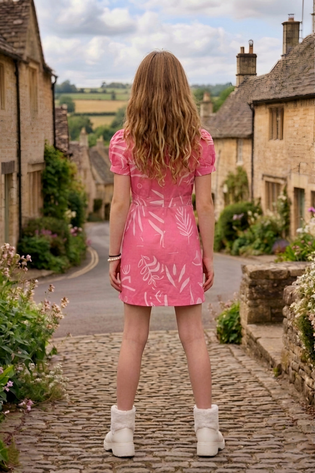Girls Pink Abstract Printed Dress with Short Puff Sleeves