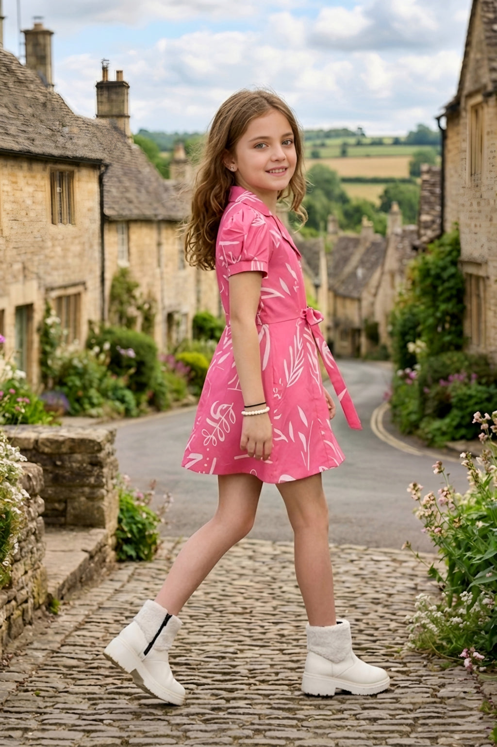 Girls Pink Abstract Printed Dress with Short Puff Sleeves