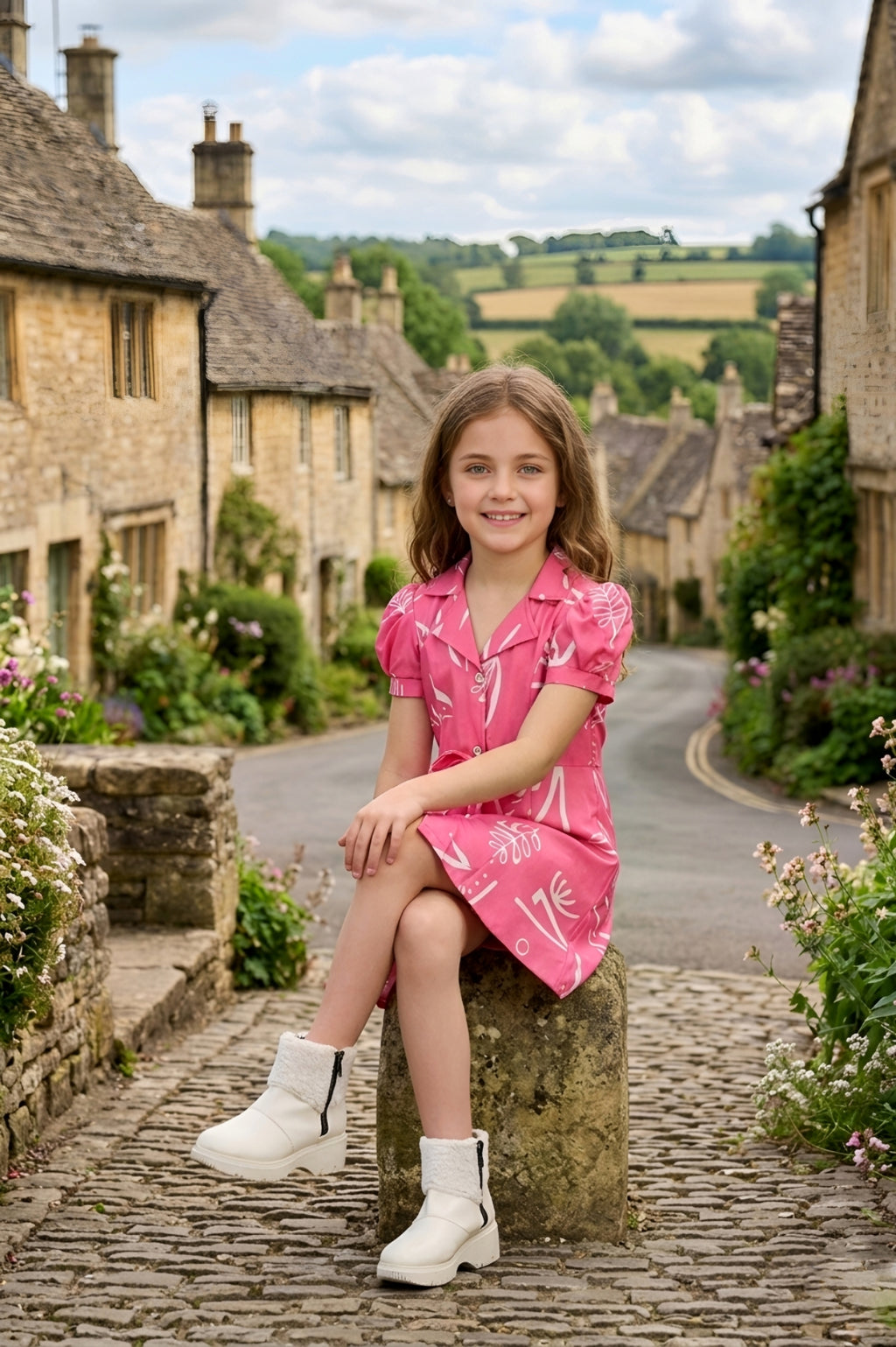 Girls Pink Abstract Printed Dress with Short Puff Sleeves