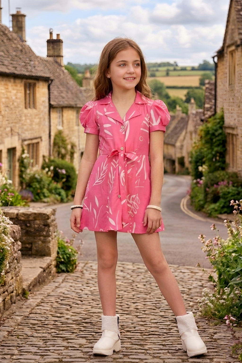 Girls Pink Abstract Printed Dress with Short Puff Sleeves