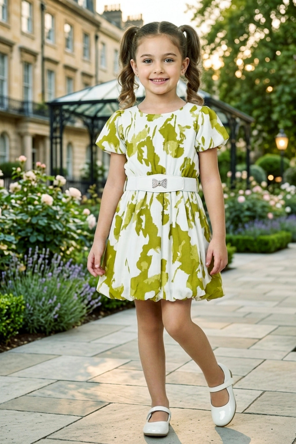 Girls Green Abstract Print Party Dress with Puff Sleeve and Belt