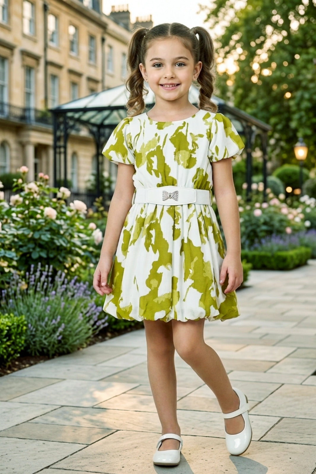 Girls Green Abstract Print Party Dress with Puff Sleeve and Belt