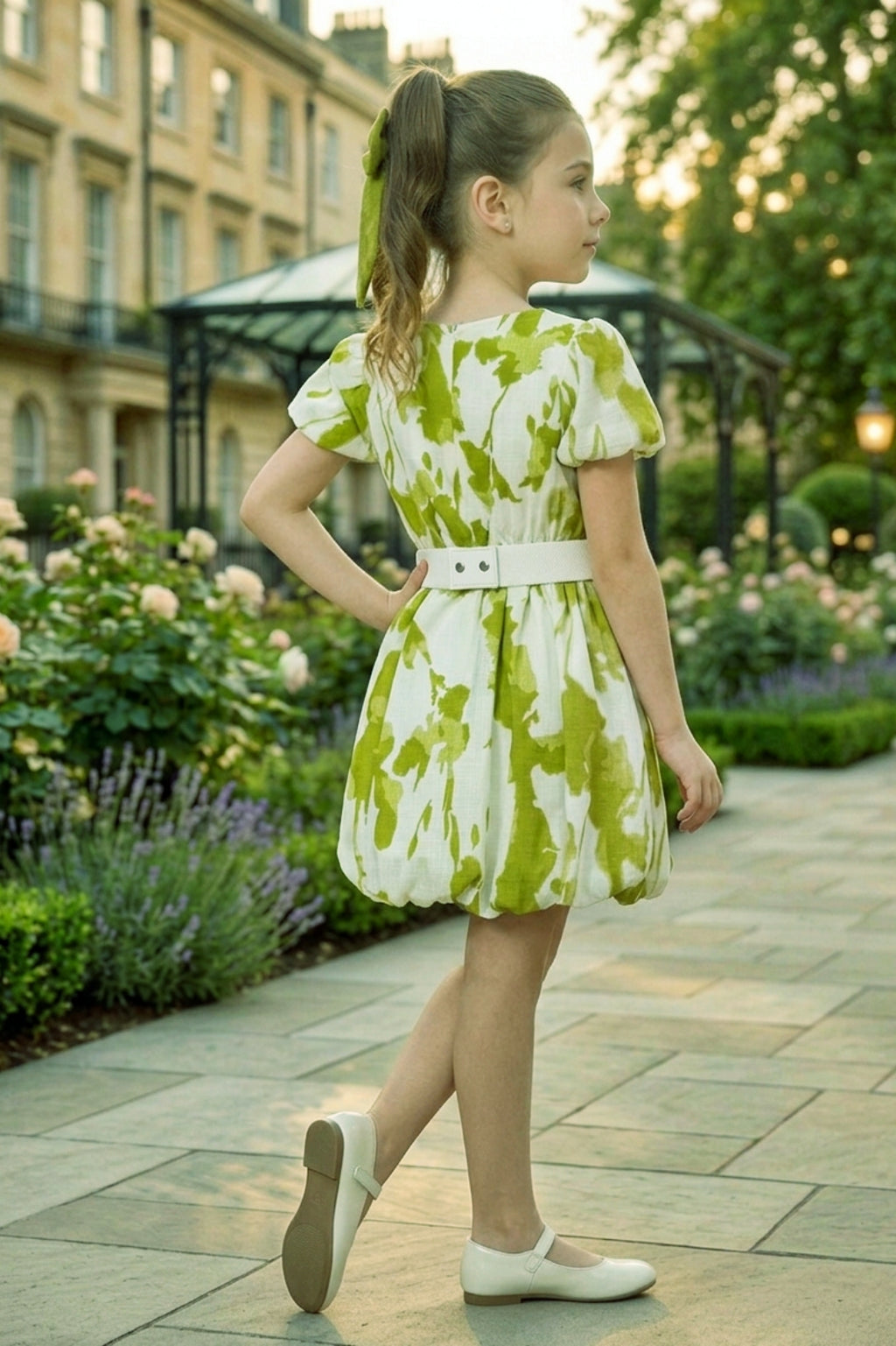 Girls Green Abstract Print Party Dress with Puff Sleeve and Belt