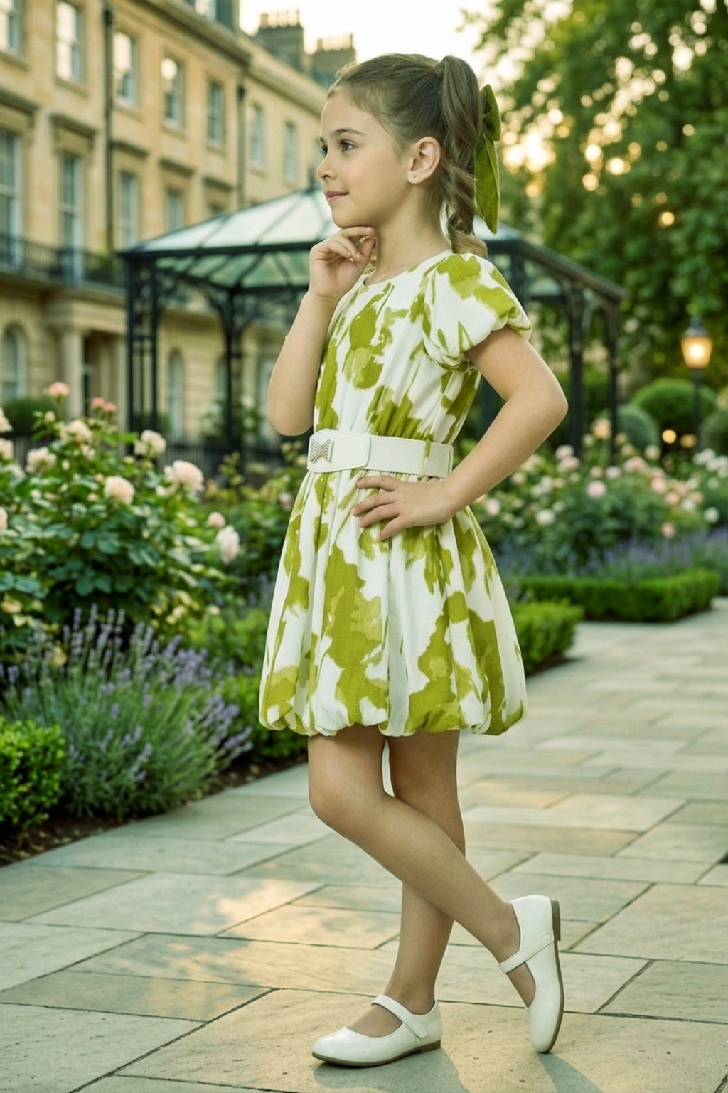 Girls Green Abstract Print Party Dress with Puff Sleeve and Belt