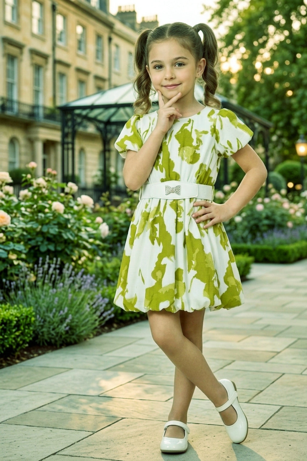Girls Green Abstract Print Party Dress with Puff Sleeve and Belt