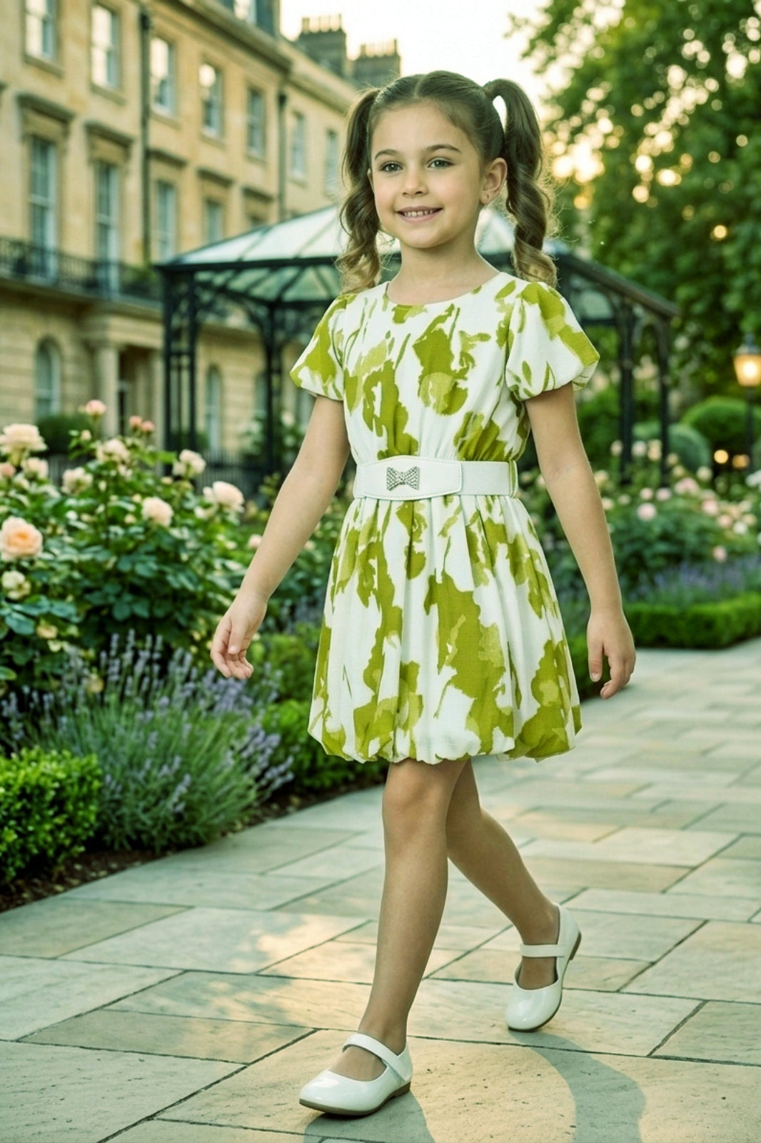 Girls Green Abstract Print Party Dress with Puff Sleeve and Belt