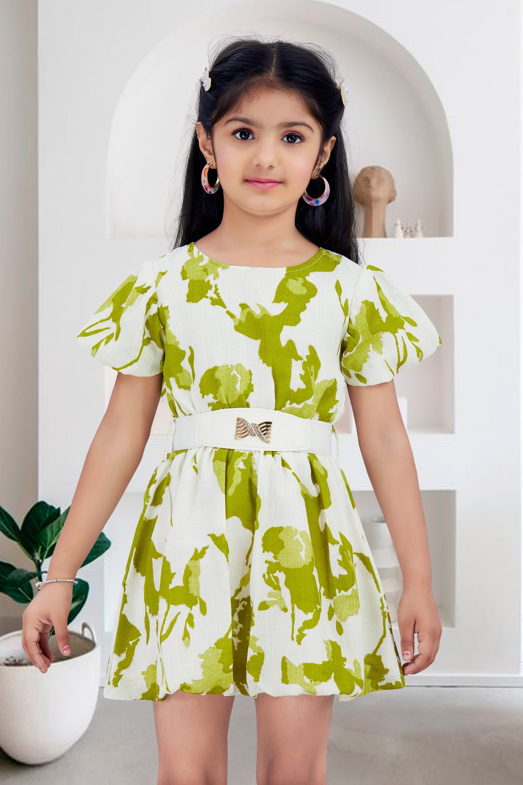 Girls Green Abstract Print Party Dress with Puff Sleeve and Belt