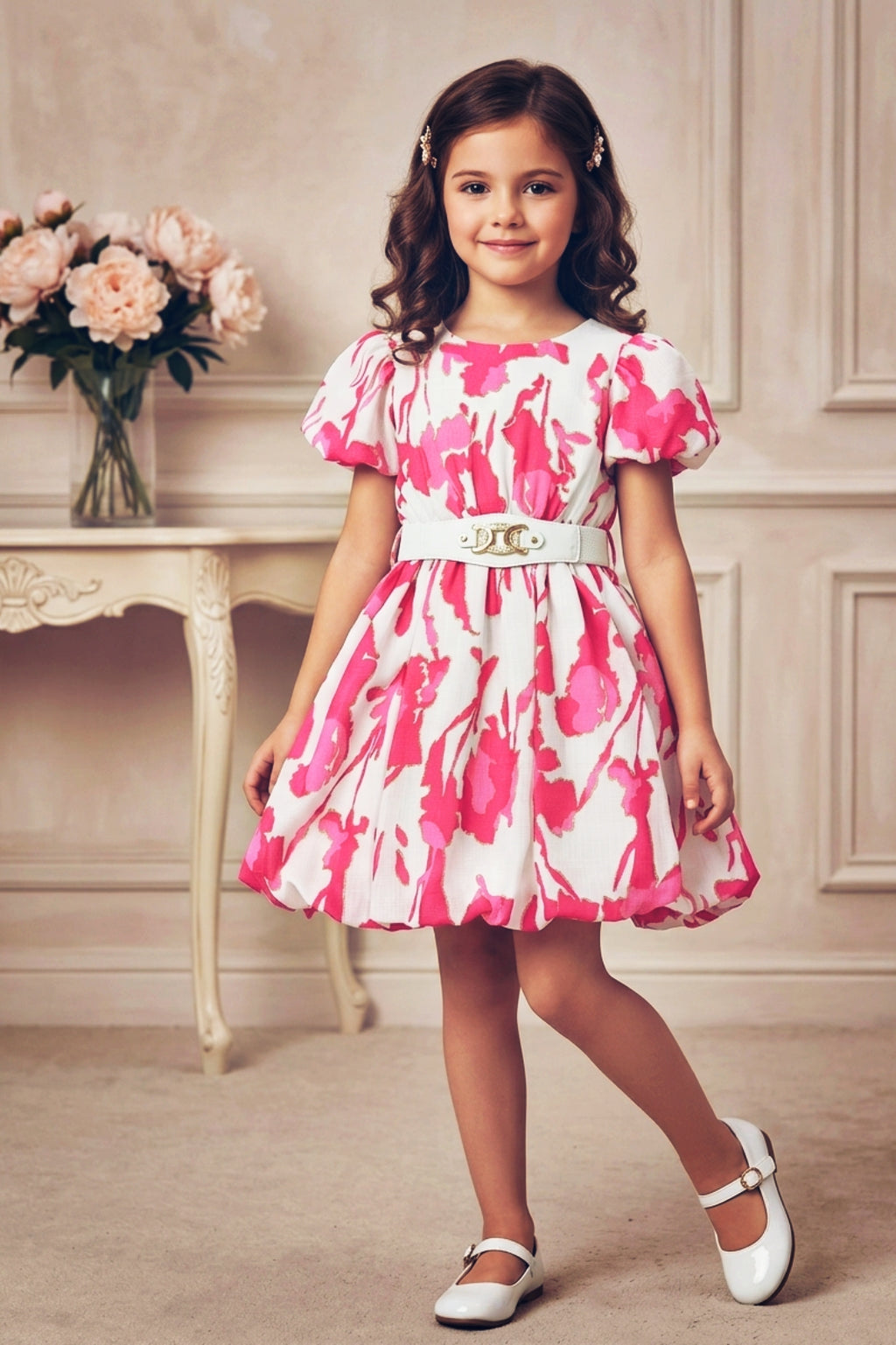 Girls Pink Abstract Print Party Dress with Puff Sleeve and Belt