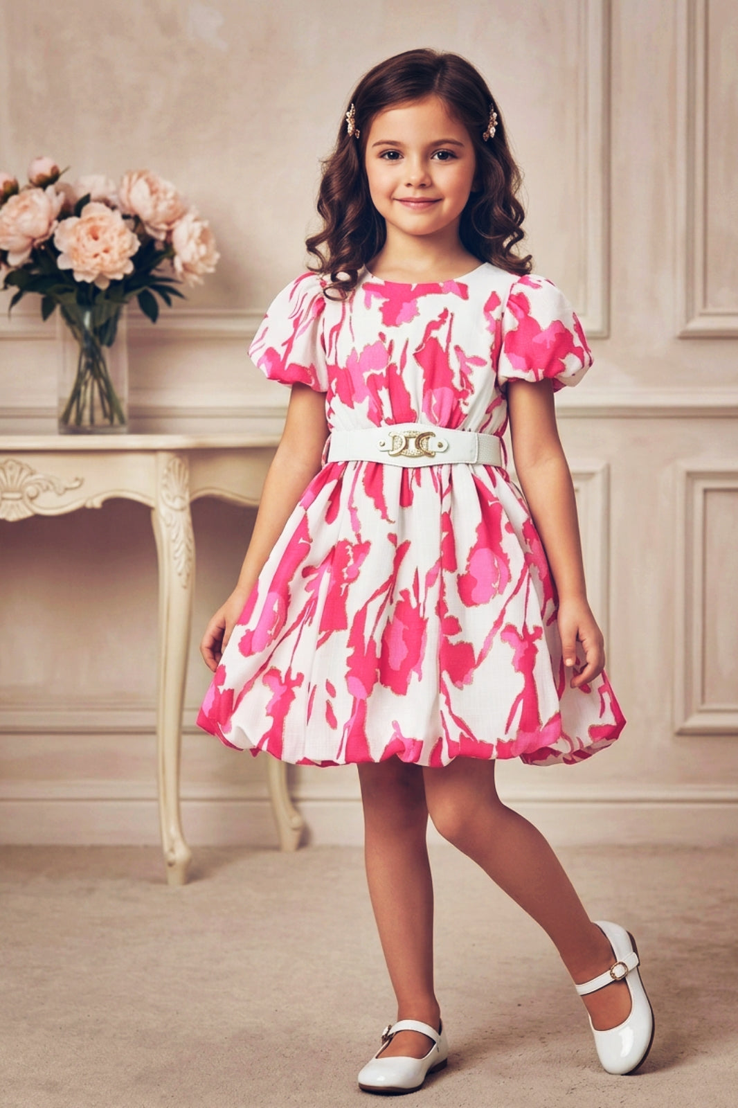 Girls Pink Abstract Print Party Dress with Puff Sleeve and Belt