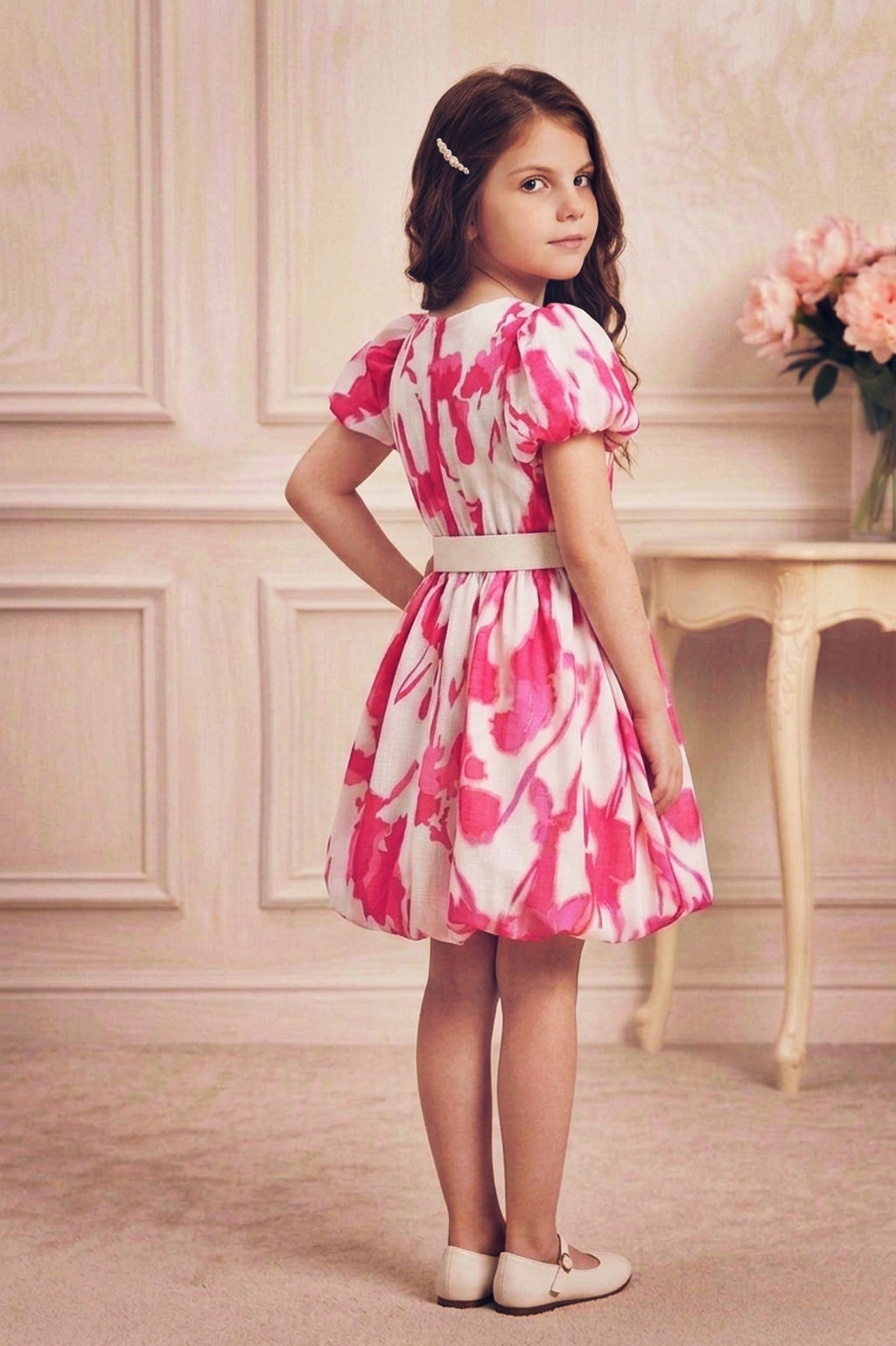 Girls Pink Abstract Print Party Dress with Puff Sleeve and Belt