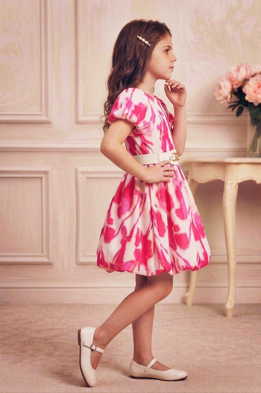 Girls Pink Abstract Print Party Dress with Puff Sleeve and Belt