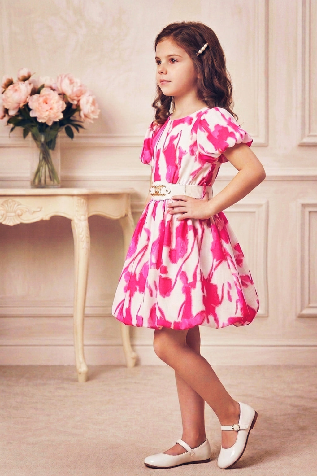 Girls Pink Abstract Print Party Dress with Puff Sleeve and Belt