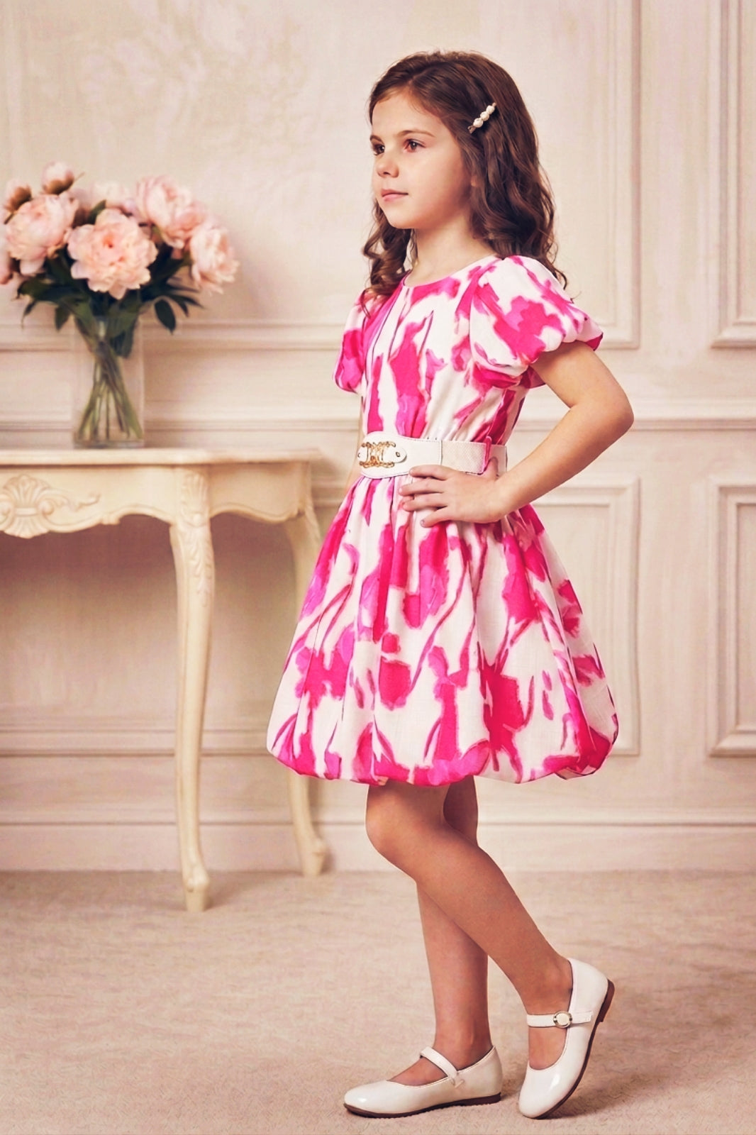 Girls Pink Abstract Print Party Dress with Puff Sleeve and Belt