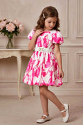 Girls Pink Abstract Print Party Dress with Puff Sleeve and Belt