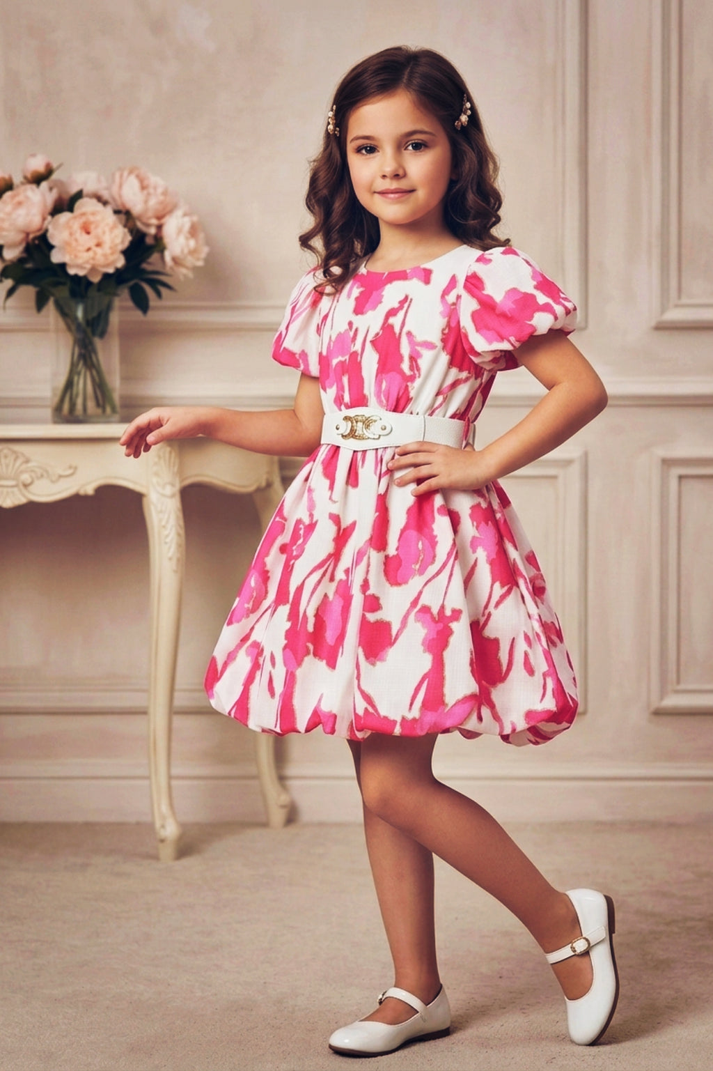 Girls Pink Abstract Print Party Dress with Puff Sleeve and Belt