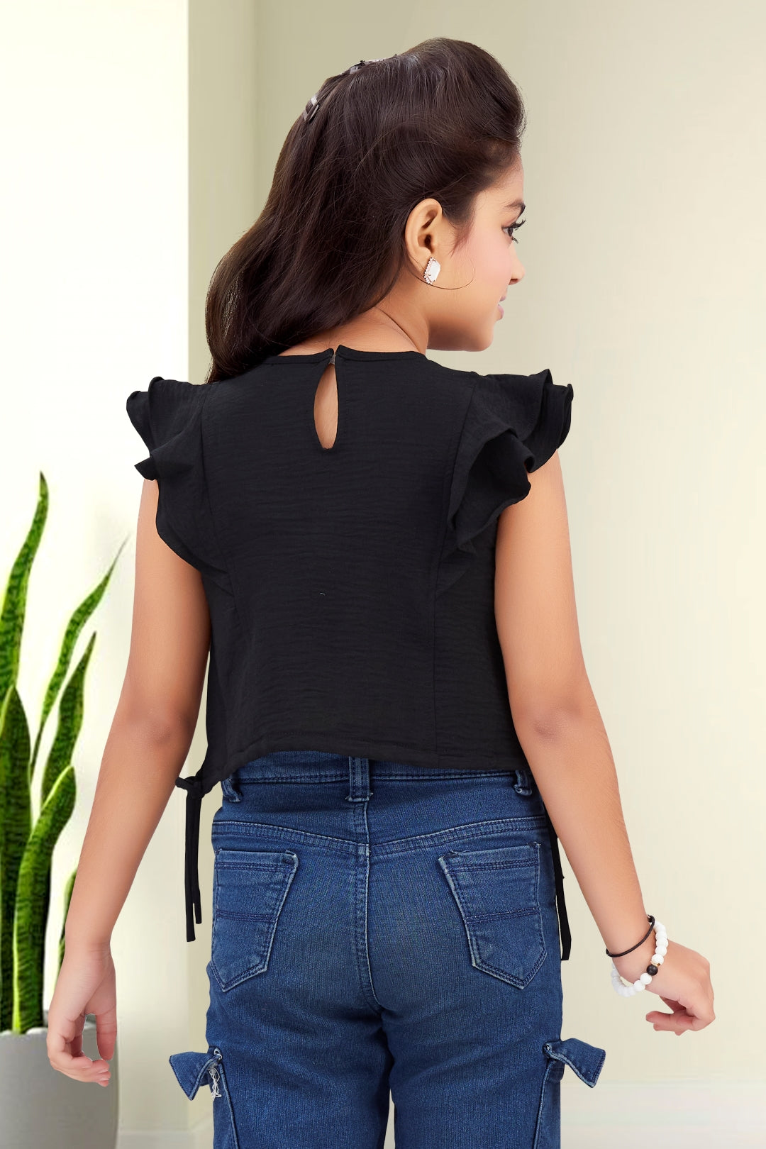 Girls Black Ruffle Crop Top with 3D Rose Detail and Flutter Sleeves