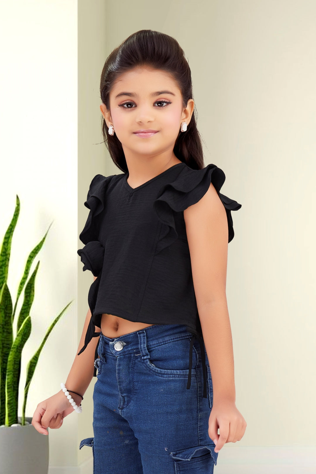 Girls Black Ruffle Crop Top with 3D Rose Detail and Flutter Sleeves