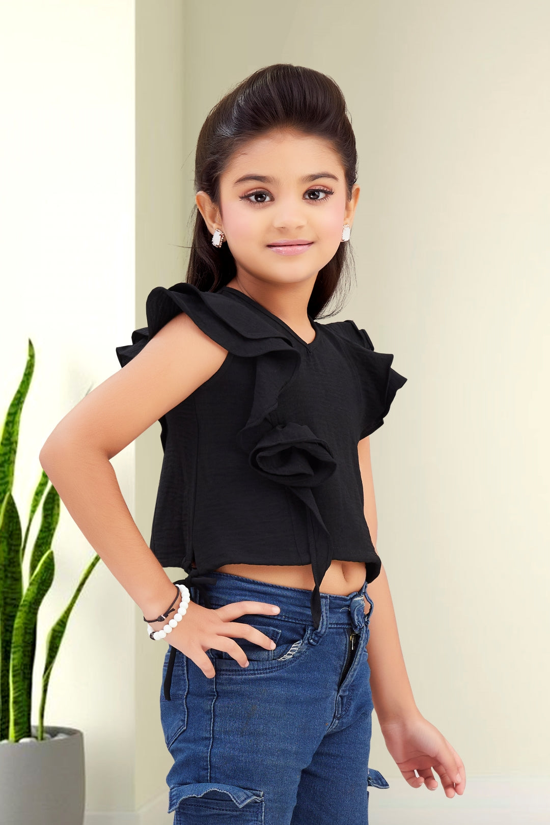 Girls Black Ruffle Crop Top with 3D Rose Detail and Flutter Sleeves