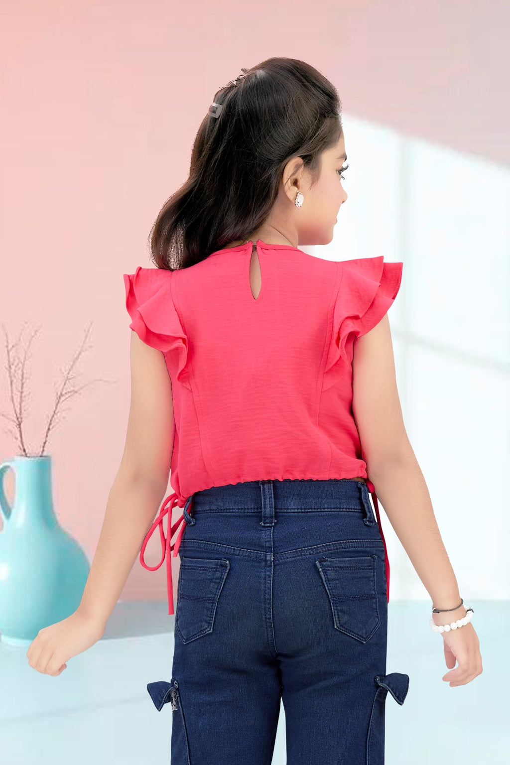Girls Black Ruffle Crop Top with 3D Rose Detail and Flutter Sleeves