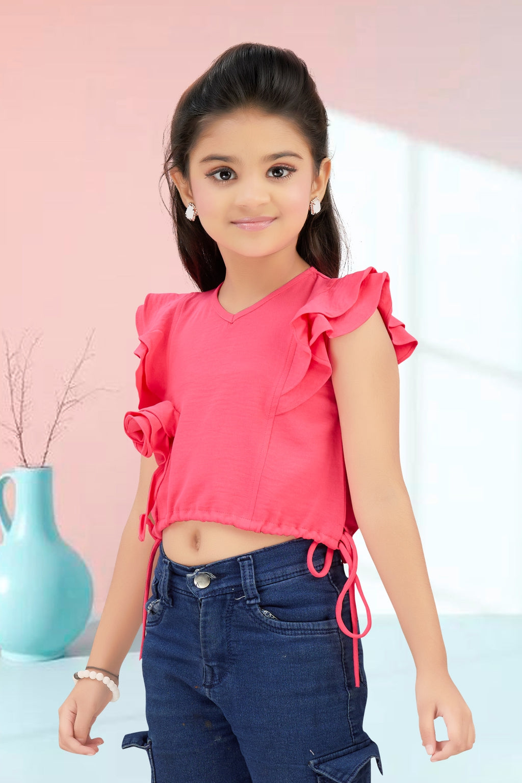 Girls Black Ruffle Crop Top with 3D Rose Detail and Flutter Sleeves