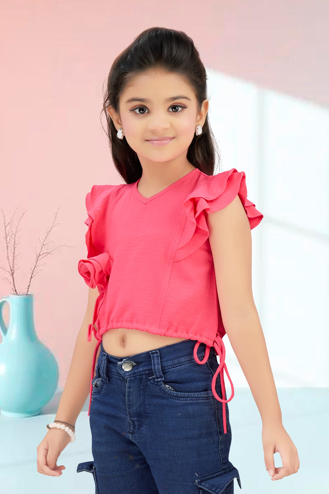 Girls Black Ruffle Crop Top with 3D Rose Detail and Flutter Sleeves