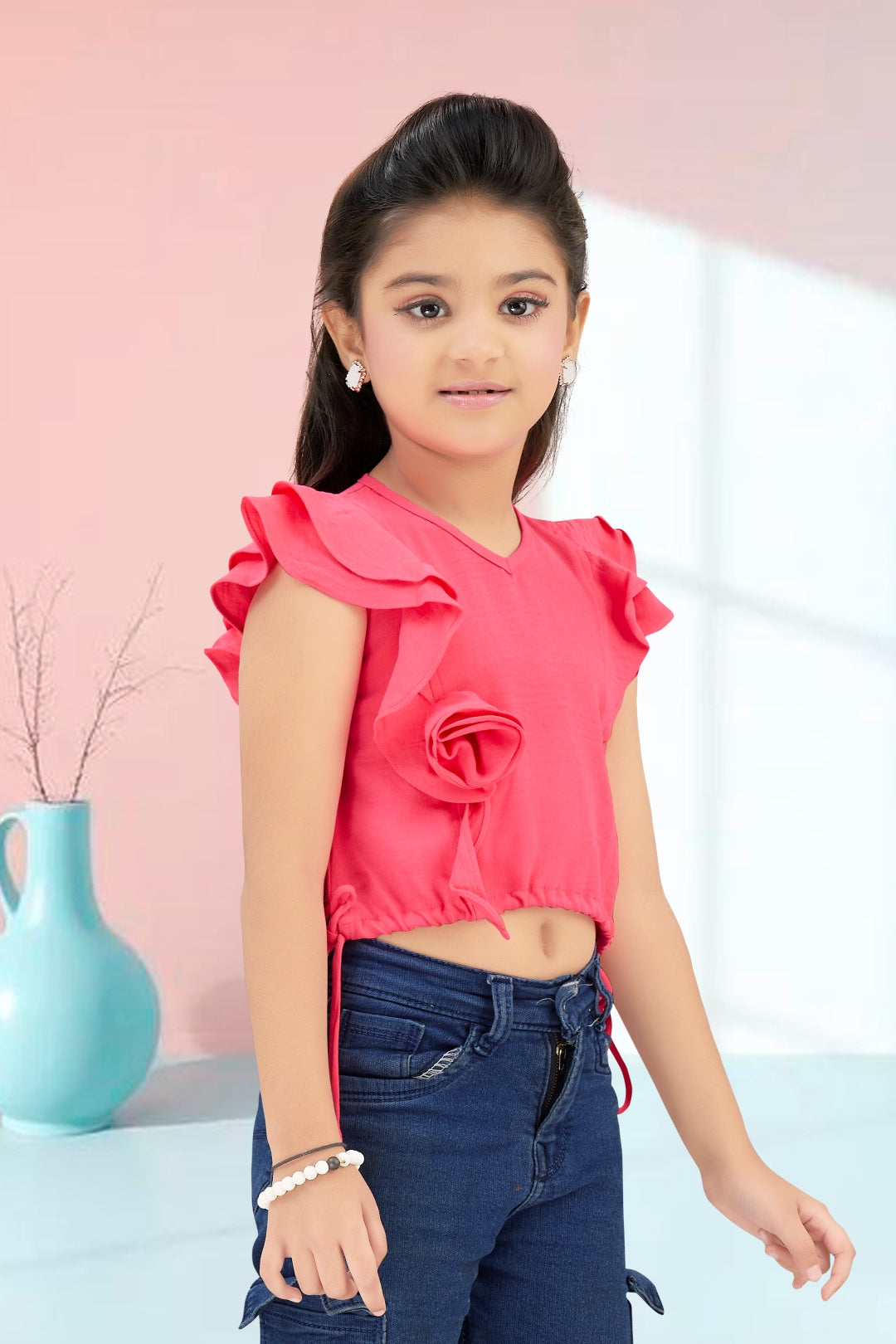 Girls Pink Ruffle Crop Top with 3D Rose Detail and Flutter Sleeves
