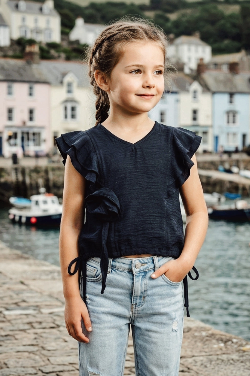 Girls Black Ruffle Crop Top with 3D Rose Detail and Flutter Sleeves