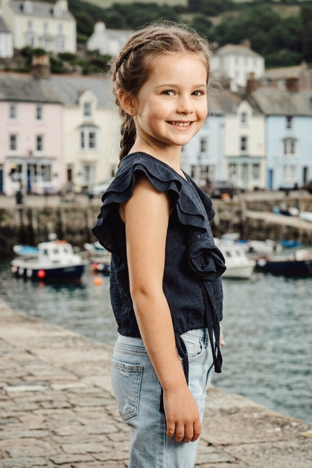 Girls Black Ruffle Crop Top with 3D Rose Detail and Flutter Sleeves