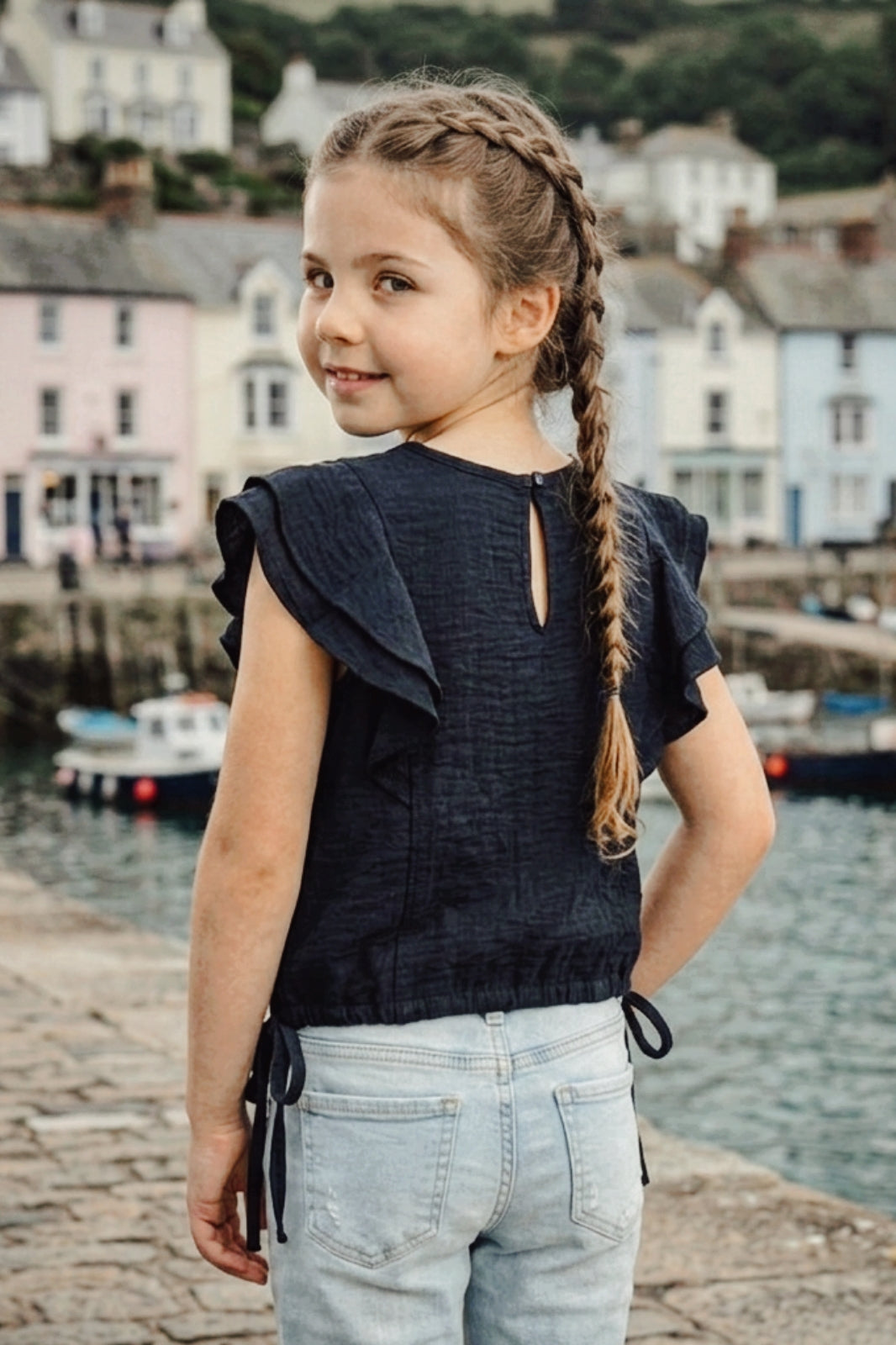 Girls Black Ruffle Crop Top with 3D Rose Detail and Flutter Sleeves