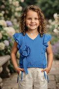 Girls Blue Ruffle Crop Top with 3D Rose Detail and Flutter Sleeves