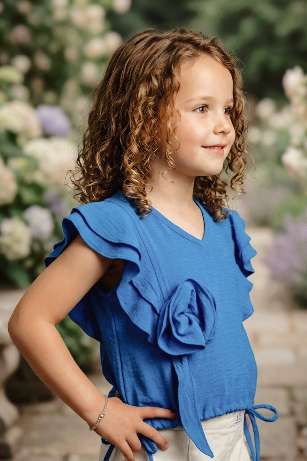 Girls Blue Ruffle Crop Top with 3D Rose Detail and Flutter Sleeves